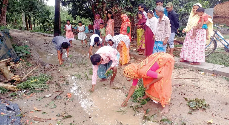 বেহাল রাস্তায় ধানের চারা পুঁতে বিক্ষোভ সোনাবাড়িতে