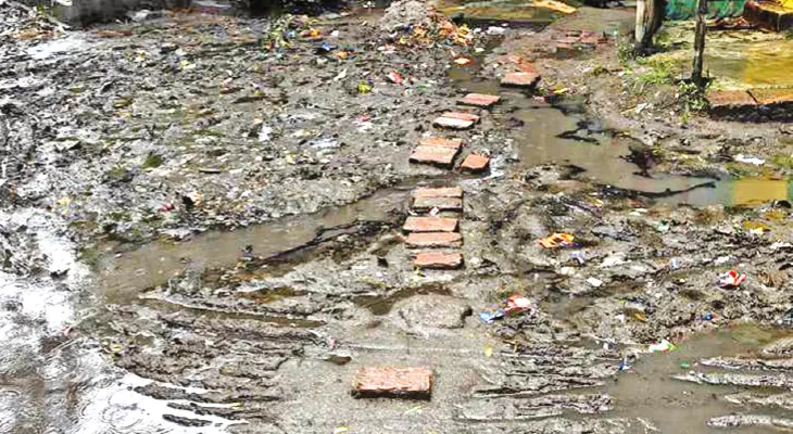 বর্ষার জমা জলকাদায় যাতায়াতে সমস্যা আতিয়ার রহমান রোডে