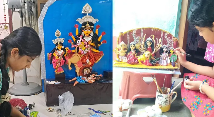 মাটি ছাড়াই তৈরি হয়েছে দেবী প্রতিমা, দুই খুদে শিল্পীর সৃষ্টিতে আপ্লুত বড়রা