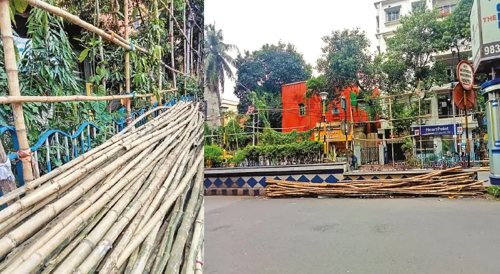 কলকাতার রাস্তায় পড়ে বিজ্ঞাপনের হোর্ডিংয়ের বাঁশ, সমস্যায় পথচারীরা, বহু জায়গায় খোলাই হয়নি ব্যারিকেড
