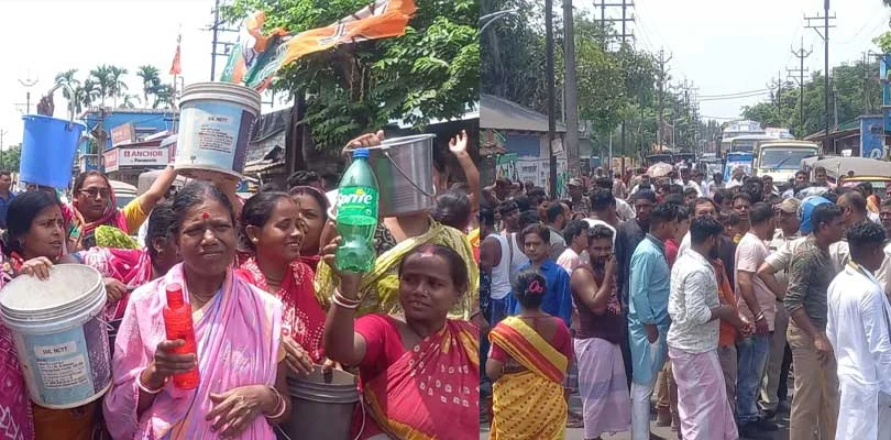 পানীয় জলের দাবিতে উলুবেড়িয়া পুরসভার ২৩ নং ওয়ার্ডের জগদীশপুর ঘোষপাড়ায় পথ অবরোধ করে বিক্ষোভ এলাকাবাসীদের