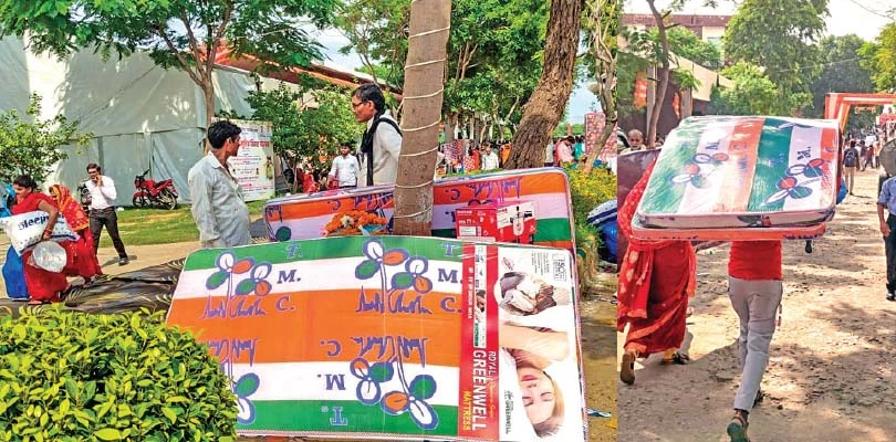 গণবিবাহের অনুষ্ঠানে তৃণমূলের প্রতীক ছাপা ম্যাট্রেস বিলি, বিতর্ক যোগীরাজ্যে