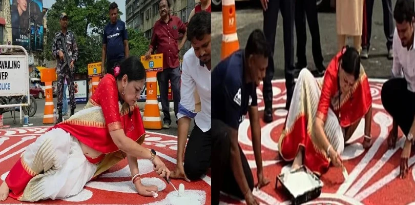 পার্ক সার্কাস সেভেন পয়েন্টে নিজের হাতে রাস্তায় আলপনা অগ্নিমিত্রার