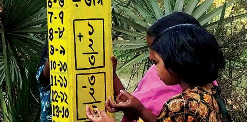 কুলতলির গ্রামে আলোকস্তম্ভে বাংলা বর্ণ আর নামতা, হাঁটতে হাঁটতেই পড়ছে স্কুলের পড়ুয়ারা