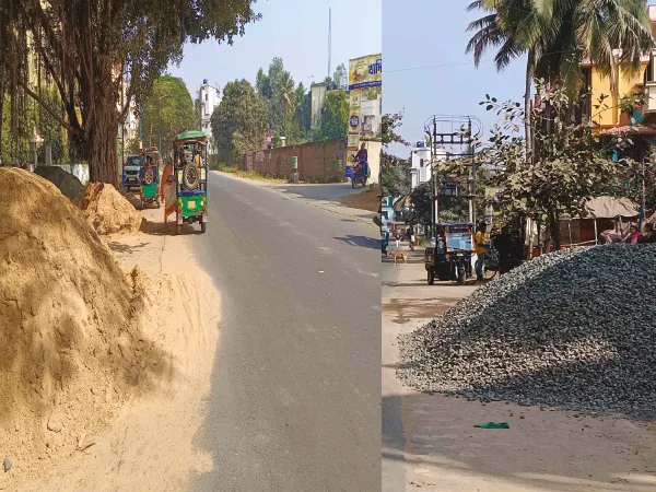 বোলপুরের রাস্তায় পড়ে নির্মাণসামগ্রী, দুর্ঘটনা ঘটলেও চোখ বুজে পুরসভা